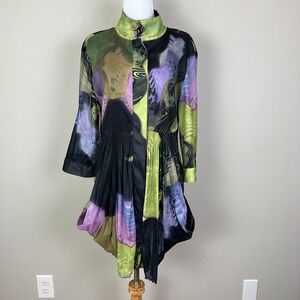 Lindi Tunic Top Women L Art to Wear Hidden Button Peplum Pleated Roll Tab Sleeve